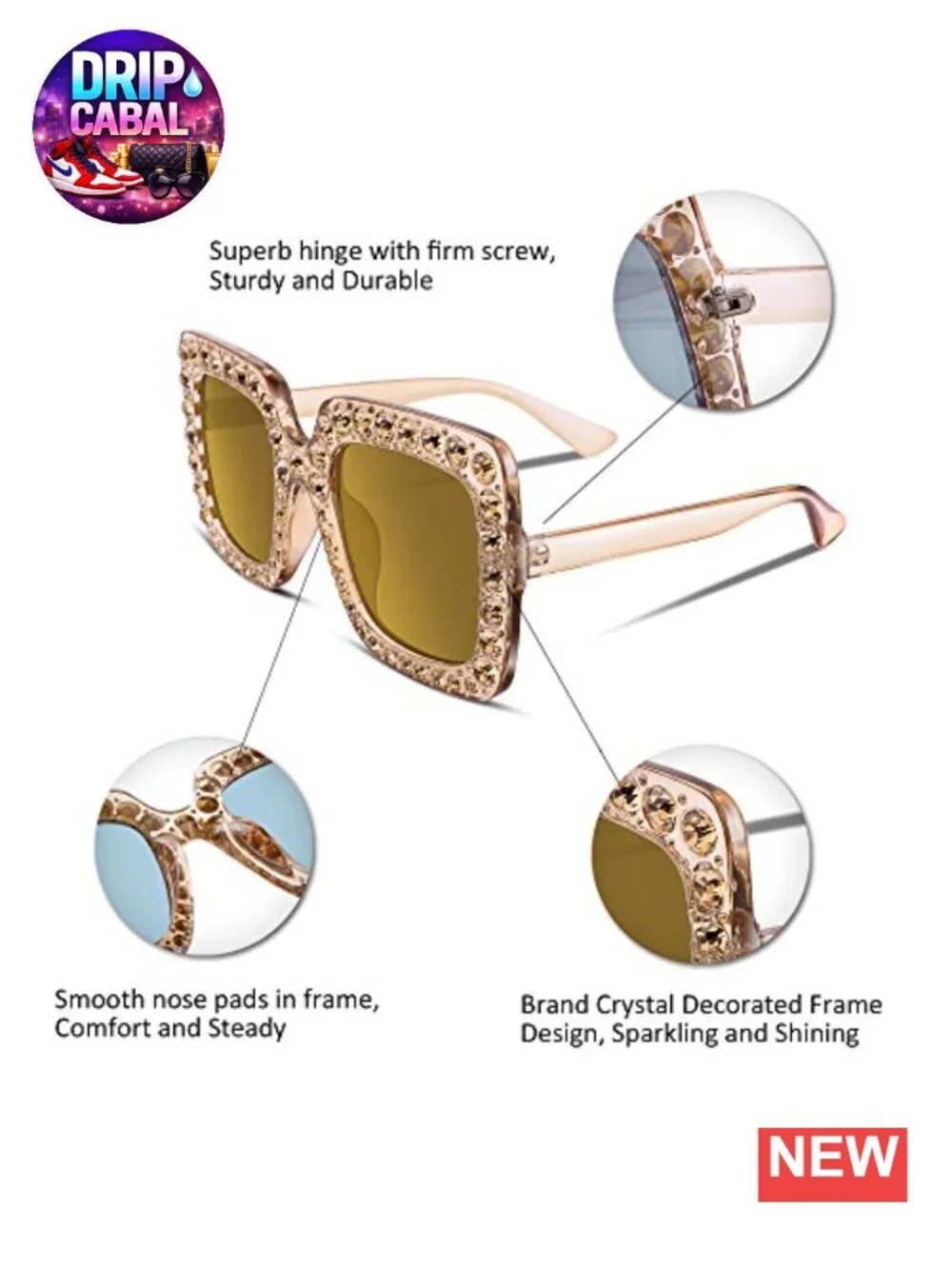 Oversized Crystal Sunglasses Square Thick Frame Sparkling PC